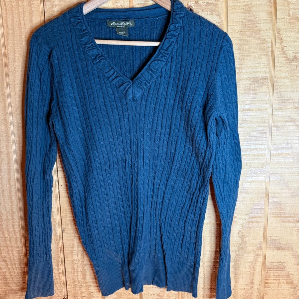 Eddie Bauer Cable Knit V Neck Sweater‎ Blue XL Long Sleeve Women's   Fitted